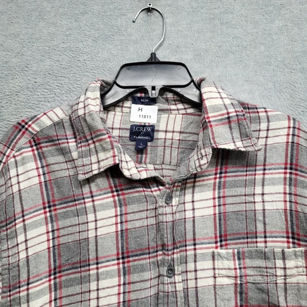 J Crew Men Button Up Shirt L‎ Gray Plaid Flannel Slim Cotton Long Sleeve